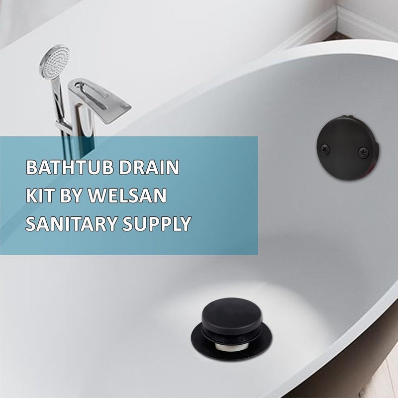 WELSAN طقم تصريف حوض استحمام أسود أنبوبي مع سدادة تصريف حوض الاستحمام بتقنية الضغط، وصمام تصريف الحمام وغطاء الفائض، أنبوب بلاستيكي PVC بحجم 1-1/2" (أسود غير لامع) - Image 1