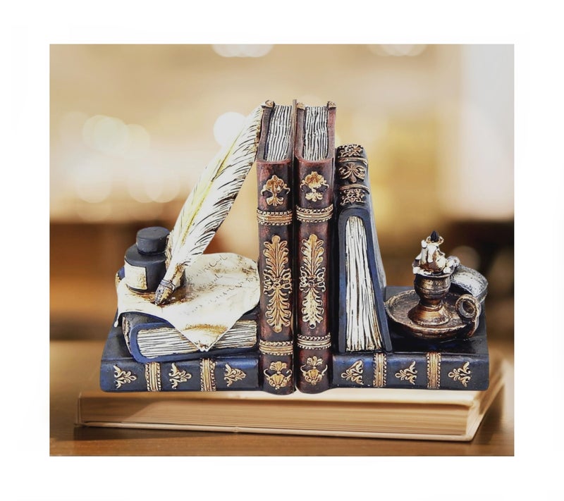 Bellaa Bellaa 26324 Vintage Bookends Wizard Feather Quill Pen and Ink Bottle with Oil Lamp Antique Style Farmhouse Cottage Lodge Magic Home Decor