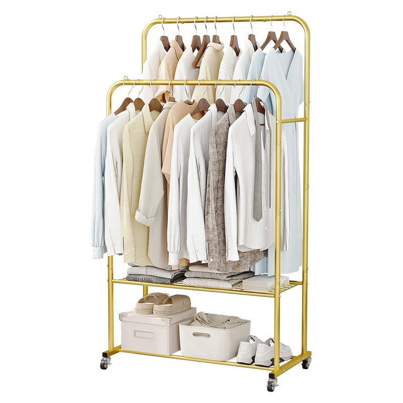 SUOERNUO Clothes Rack with Wheels Garment Rack for Hanging HeavyDuty Clothing Rack Metal Rolling Clothes Shelves for Bedroom Closet Golden