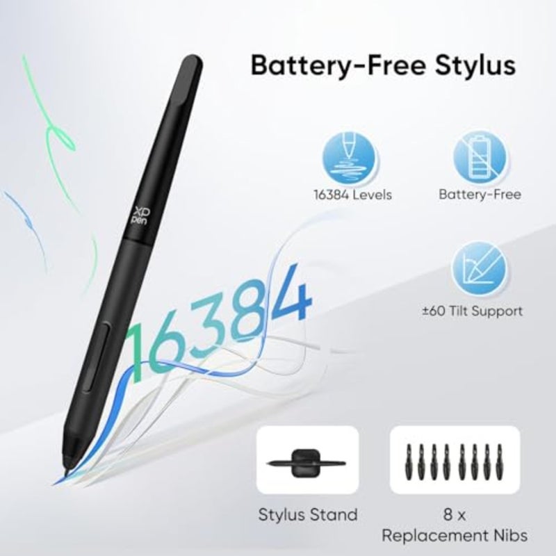 Digital art, teaching, gaming drawing pad with 10x6 inch active area, ABS plastic body, black color, battery-free stylus with 16384 pressure levels and 8 hotkeys - Image 2