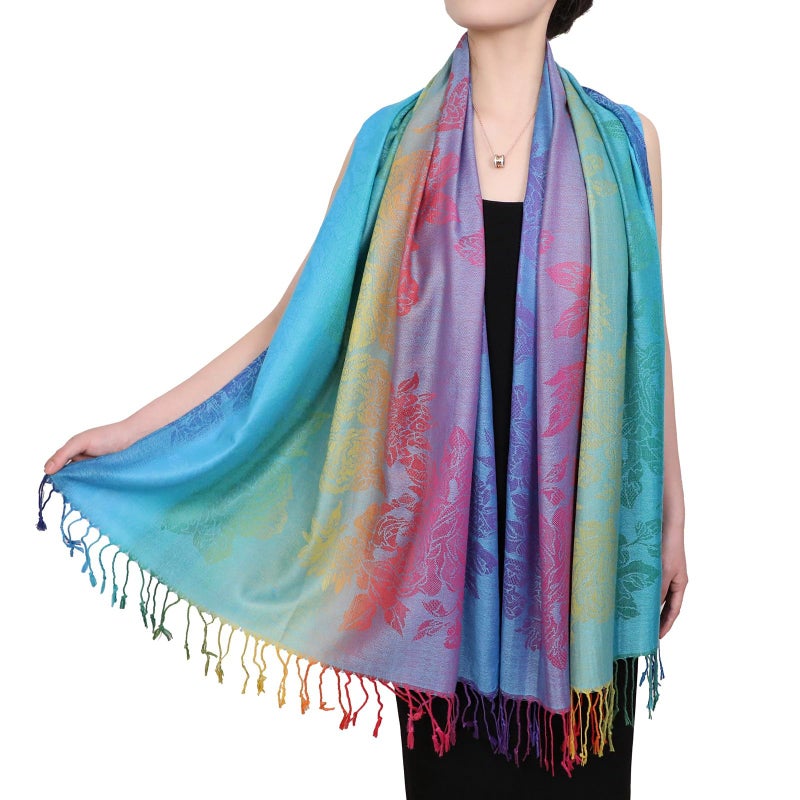 Neelamvar Fashion Colorful flowers Jacquard cotton pashmina Women Wrap Shawl tassels Scarves 75" x 27.5" (THM08-02) - Image 2