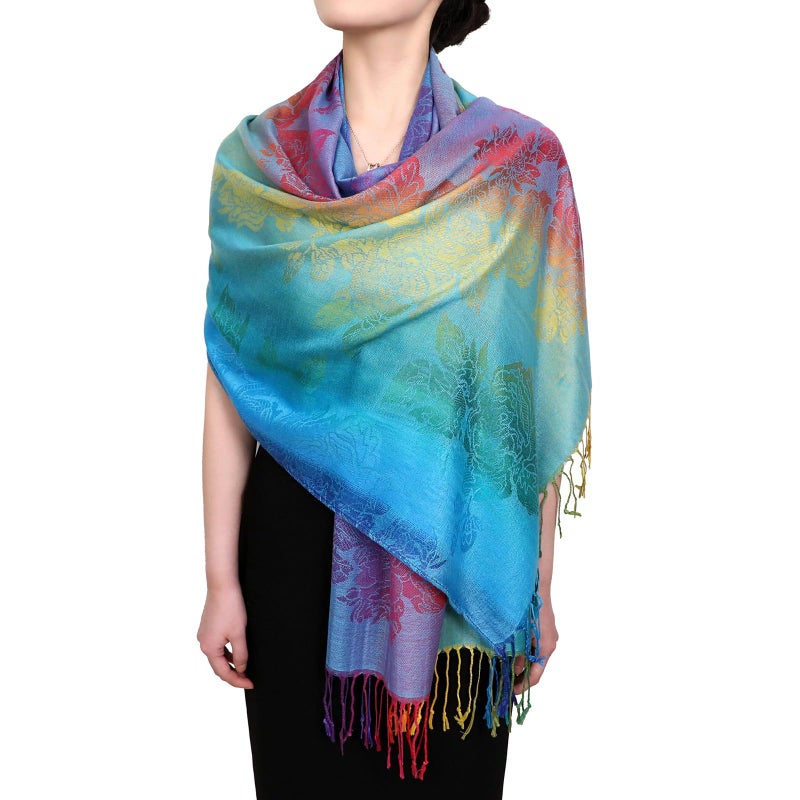 Neelamvar Fashion Colorful flowers Jacquard cotton pashmina Women Wrap Shawl tassels Scarves 75" x 27.5" (THM08-02) - Image 5