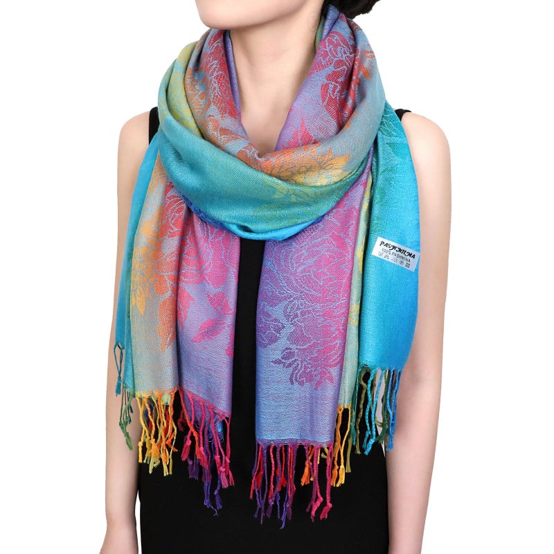 Neelamvar Fashion Colorful flowers Jacquard cotton pashmina Women Wrap Shawl tassels Scarves 75" x 27.5" (THM08-02) - Image 3