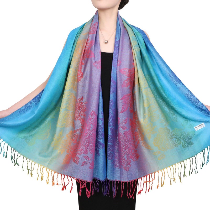 Neelamvar Fashion Colorful flowers Jacquard cotton pashmina Women Wrap Shawl tassels Scarves 75" x 27.5" (THM08-02) - Image 4