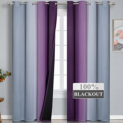 Estelar Textiler Purple and Grey Blackout Curtains 84 Inches Long,Ombre and Wavy Line Pattern 100% Blackout Curtains for Bedroom,Full Light Blocking Grommet Thermal Insulated Drapes for Kids Room, 52x84 Inch, 2 Panels - Image 2