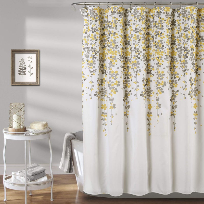 Lush Decor Weeping Flower Shower Curtain 72"W x 72"L Yellow & Gray - Fabric Shower Curtains for Bathroom - Floral Bathroom Curtain - Cottage Core Decor - Image 1