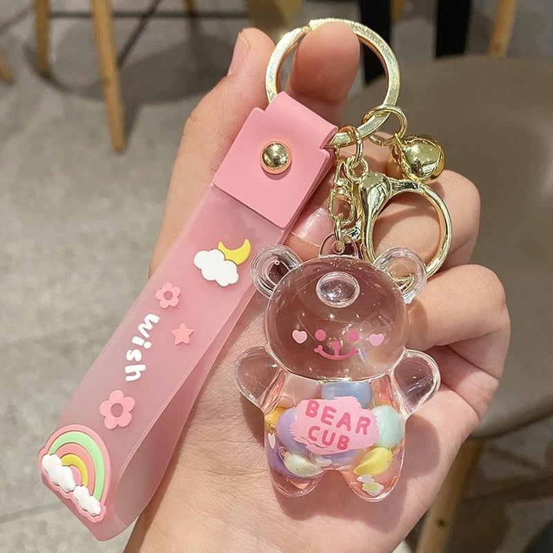 Kawaii Keychain Bear Liquid Floating Quicksand Cute Keychains Bag Charm Wristlet Bracelet Key Ring for Women Girl - Image 2
