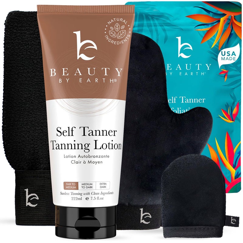 Beauty by Earth Self Tanner Bundle  Self Tanning Lotion with Self Tanner Mitt Exfoliating Glove and Face Lotion Applicator for a Streak Free Natural Glow and a Bronze Self Tan  Self Tanning Mitt Provides Even Tan