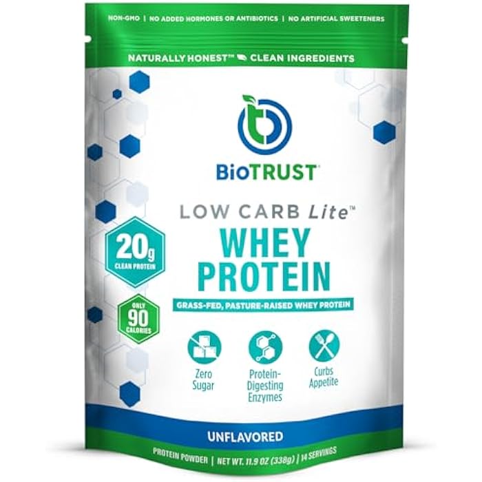 BioTrust Low Carb Lite, Low Calorie Protein Powder – Low Carb, Sugar Free, Low Sodium, Keto Protein Powder – 20g Grass-Fed Whey Protein Isolate with Digestive Enzymes – Unflavored, 14 Servings - Image 1