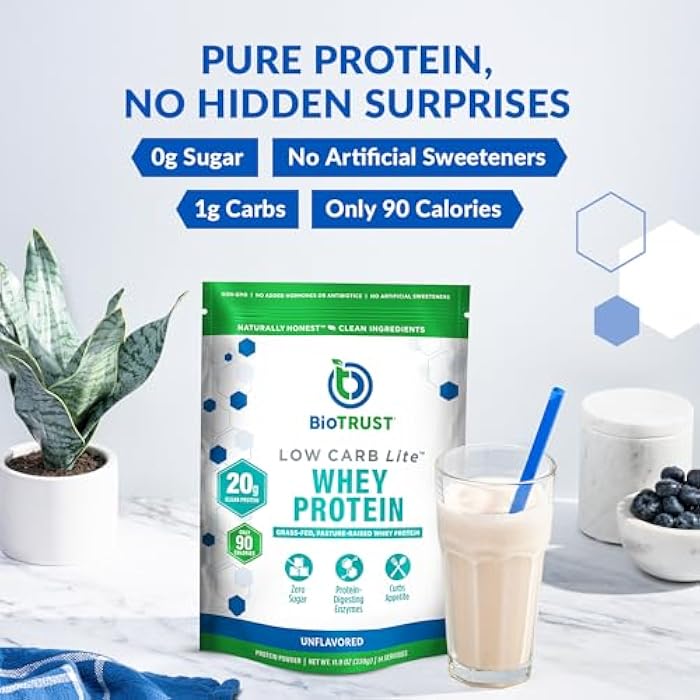 BioTrust Low Carb Lite, Low Calorie Protein Powder – Low Carb, Sugar Free, Low Sodium, Keto Protein Powder – 20g Grass-Fed Whey Protein Isolate with Digestive Enzymes – Unflavored, 14 Servings - Image 3