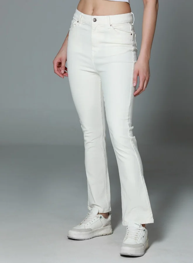 HIGH STAR Women's Beige 100% Cotton Bleached Full Length Slim Fit Jeans