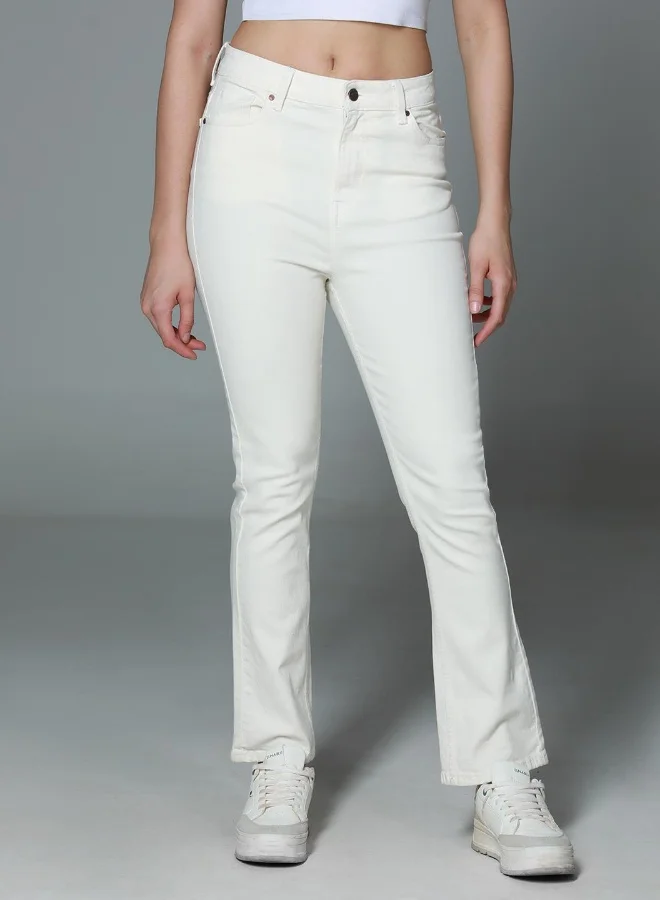 HIGH STAR Women's Beige 100% Cotton Bleached Full Length Slim Fit Jeans