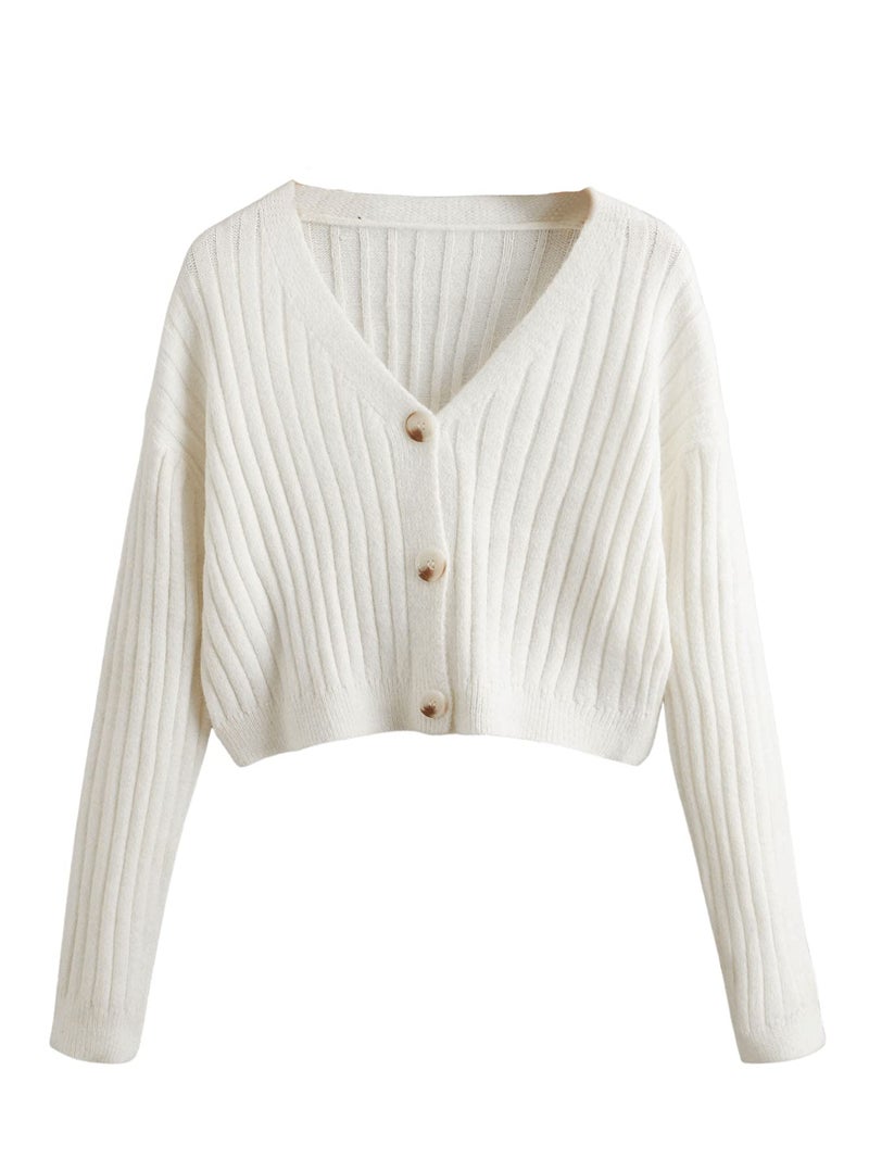 SweatyRocks Women's Long Sleeve Button Front V Neck Soft Knit Cardigan Sweaters Solid White L - Image 1