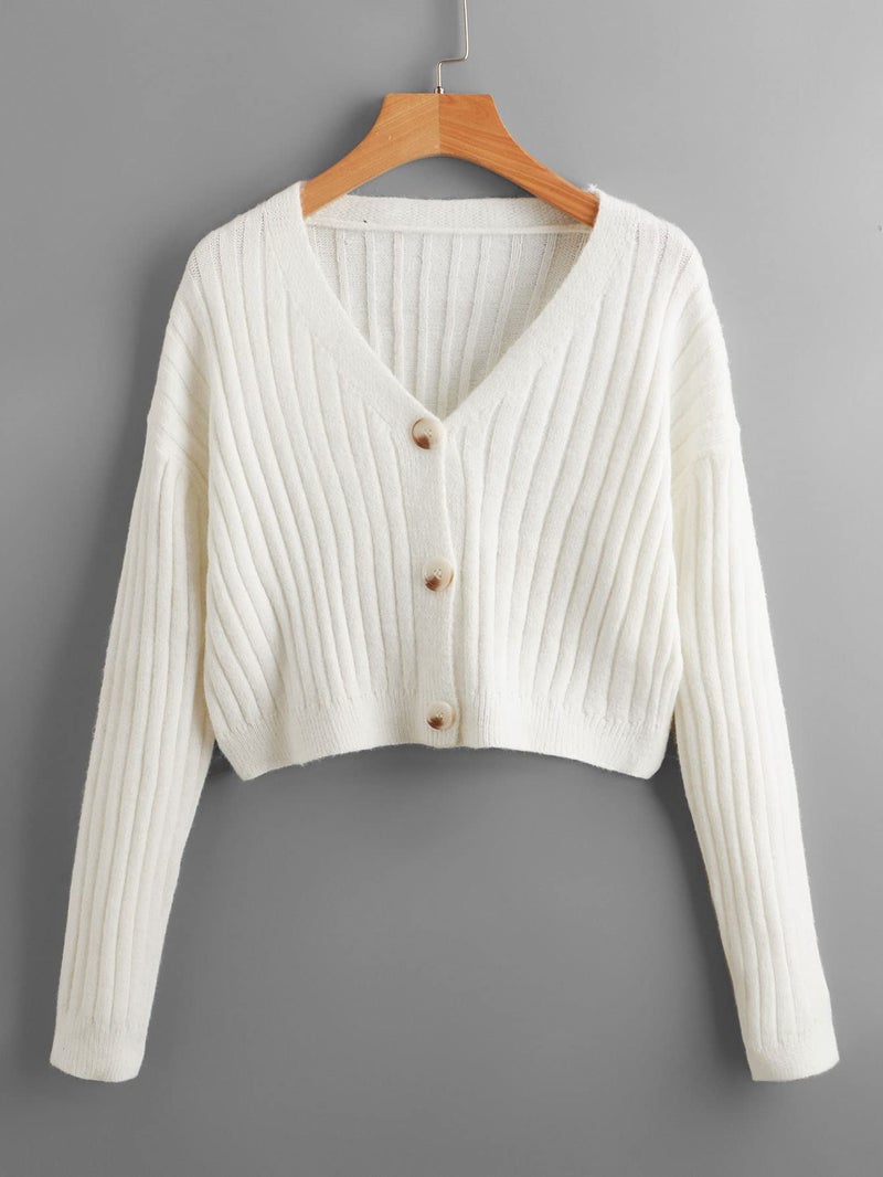 SweatyRocks Women's Long Sleeve Button Front V Neck Soft Knit Cardigan Sweaters Solid White L - Image 5