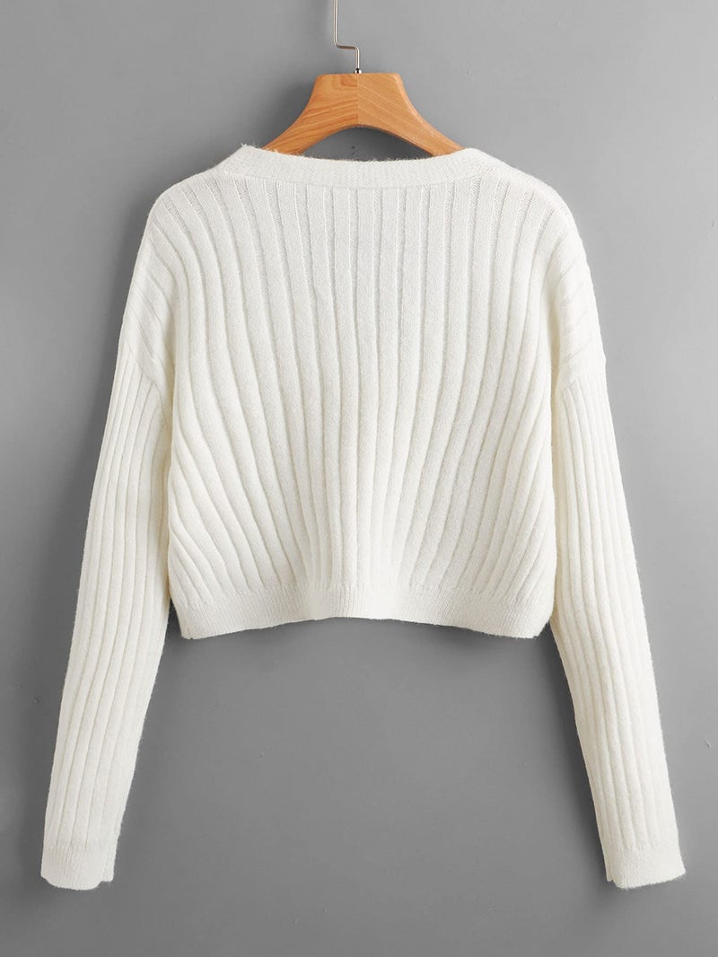 SweatyRocks Women's Long Sleeve Button Front V Neck Soft Knit Cardigan Sweaters Solid White L - Image 2