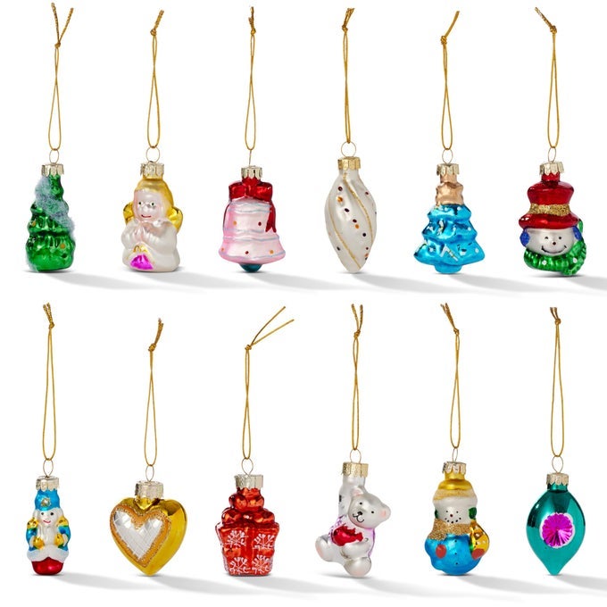 12 PIECES CHRISTMAS MINI GLASS BAUBLES IN ASSORTED COLORFUL FESTIVE TRADITIONAL VINTAGE DESIGNS FOR XMAS TREE HANGING ORNAMENTS AND PARTY DECORATIONS 4CM