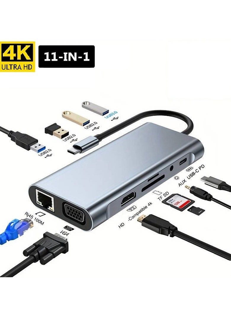 USB C HUB, USB C Adapter 11 in 1 Dongle with 4K HDMI, VGA, Type C PD, USB3.0, RJ45 Ethernet, SD/TF Card Reader, 3.5mm AUX, Docking Station Compatible with MacBook Pro/Air, Other Type C Laptops Devices
