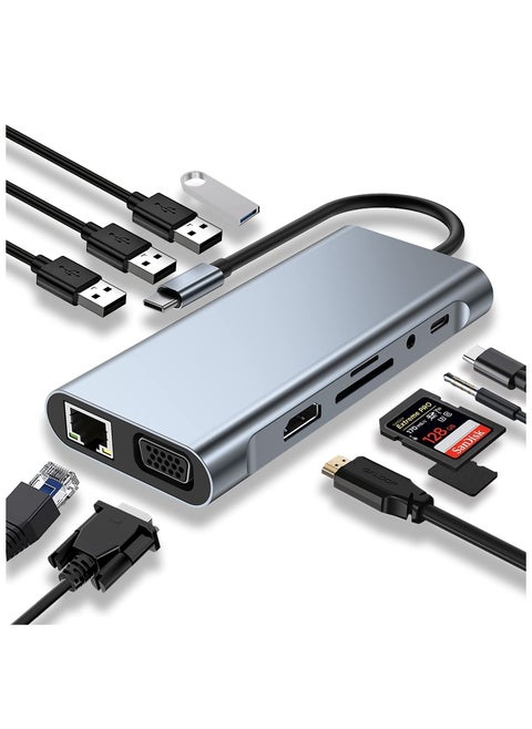 USB C HUB, USB C Adapter 11 in 1 Dongle with 4K HDMI, VGA, Type C PD, USB3.0, RJ45 Ethernet, SD/TF Card Reader, 3.5mm AUX, Docking Station Compatible with MacBook Pro/Air, Other Type C Laptops Devices
