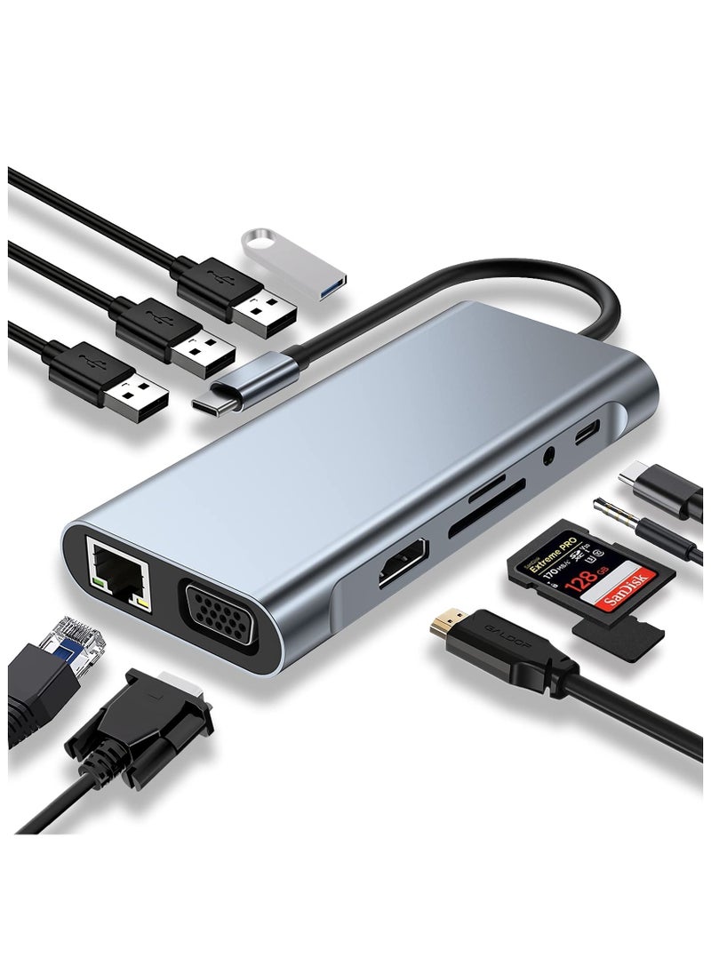 USB C HUB, USB C Adapter 11 in 1 Dongle with 4K HDMI, VGA, Type C PD, USB3.0, RJ45 Ethernet, SD/TF Card Reader, 3.5mm AUX, Docking Station Compatible with MacBook Pro/Air, Other Type C Laptops Devices  - Image 1