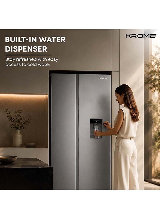 Krome 600L Side By Side Refrigerator With Water Dispenser, Multi Air Flow, Door Alarm, Recessed Handles, No Frost Cooling System, Electronic Touch, Temperature Control 600 L KR-SBS 600WM Inox - Image 4
