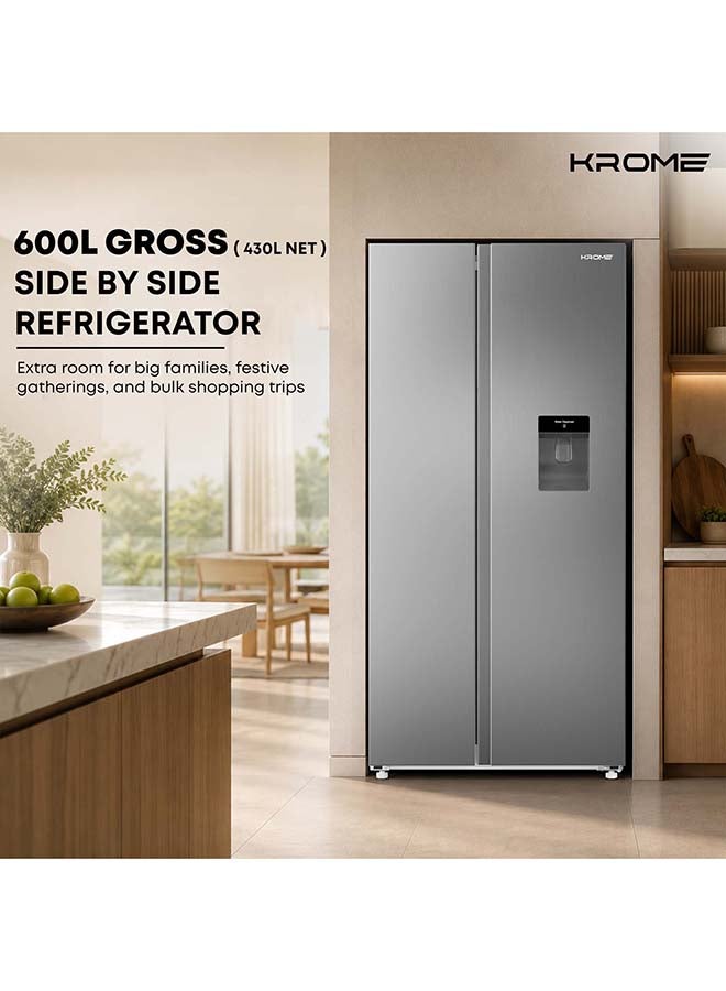 Krome 600L Side By Side Refrigerator With Water Dispenser, Multi Air Flow, Door Alarm, Recessed Handles, No Frost Cooling System, Electronic Touch, Temperature Control 600 L KR-SBS 600WM Inox - Image 2