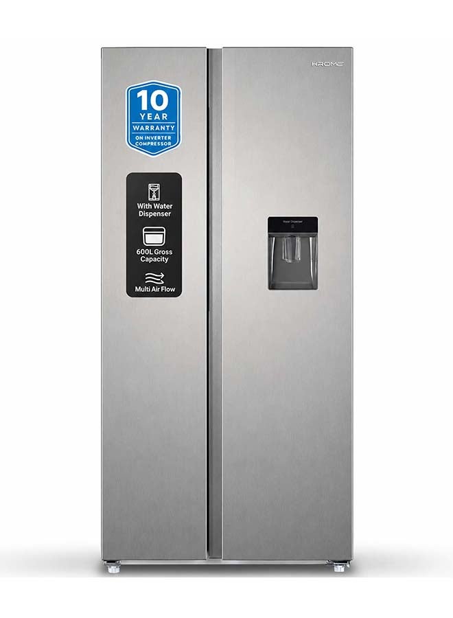 600L Side By Side Refrigerator With Water Dispenser, Multi Air Flow, Door Alarm, Recessed Handles, No Frost Cooling System, Electronic Touch, Temperature Control KR-SBS 600WM Inox