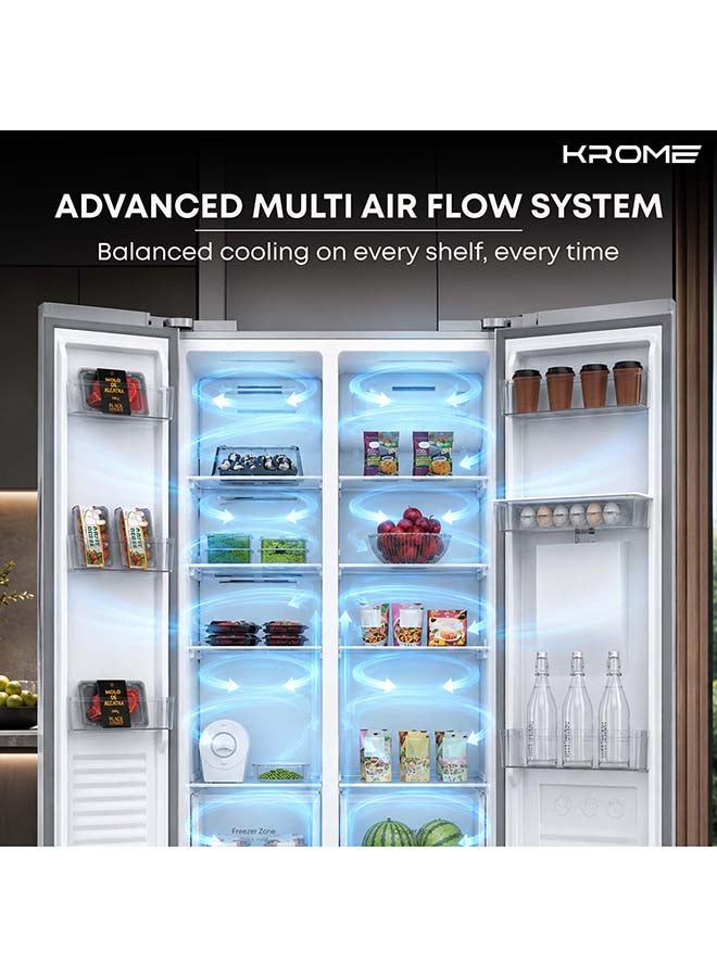Krome 600L Side By Side Refrigerator With Water Dispenser, Multi Air Flow, Door Alarm, Recessed Handles, No Frost Cooling System, Electronic Touch, Temperature Control 600 L KR-SBS 600WM Inox - Image 3