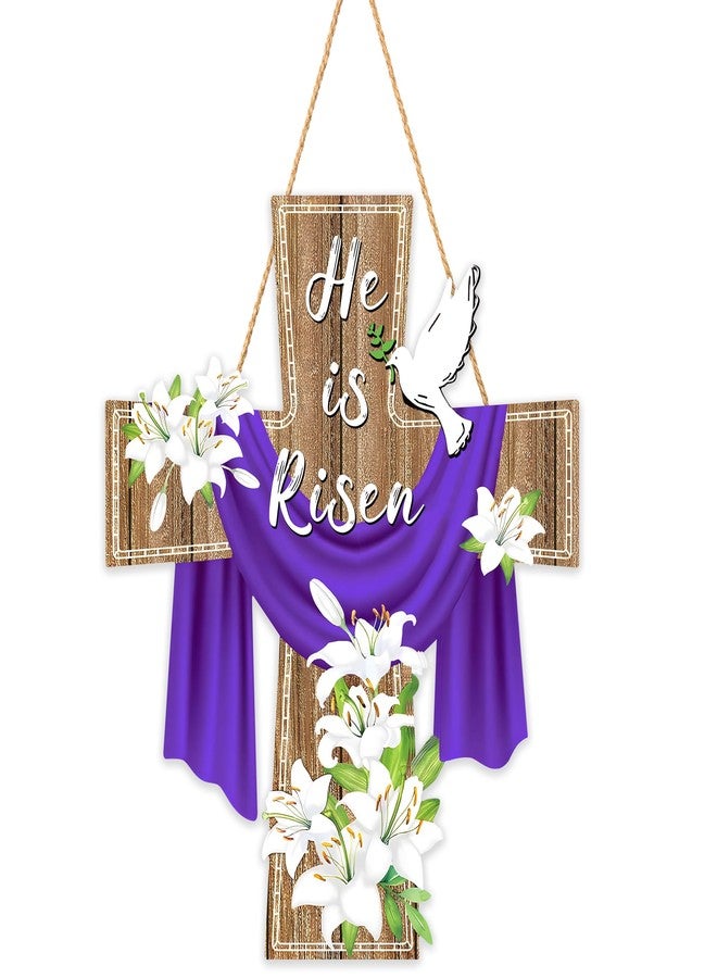 EUVBOKW He Is Risen Easter Decoration, Wooden Cross Sign with Lily Flowers Wreath for Front Door Porch Wall, Christian Spring Home Farmhouse Decor - Image 1