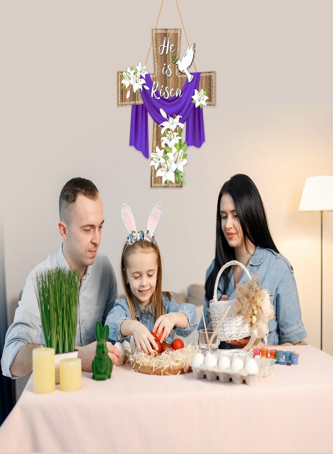 EUVBOKW He Is Risen Easter Decoration, Wooden Cross Sign with Lily Flowers Wreath for Front Door Porch Wall, Christian Spring Home Farmhouse Decor - Image 5
