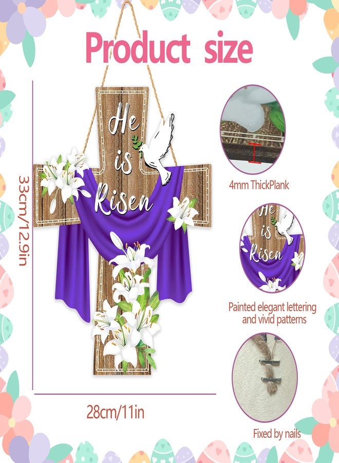 EUVBOKW He Is Risen Easter Decoration, Wooden Cross Sign with Lily Flowers Wreath for Front Door Porch Wall, Christian Spring Home Farmhouse Decor - Image 2