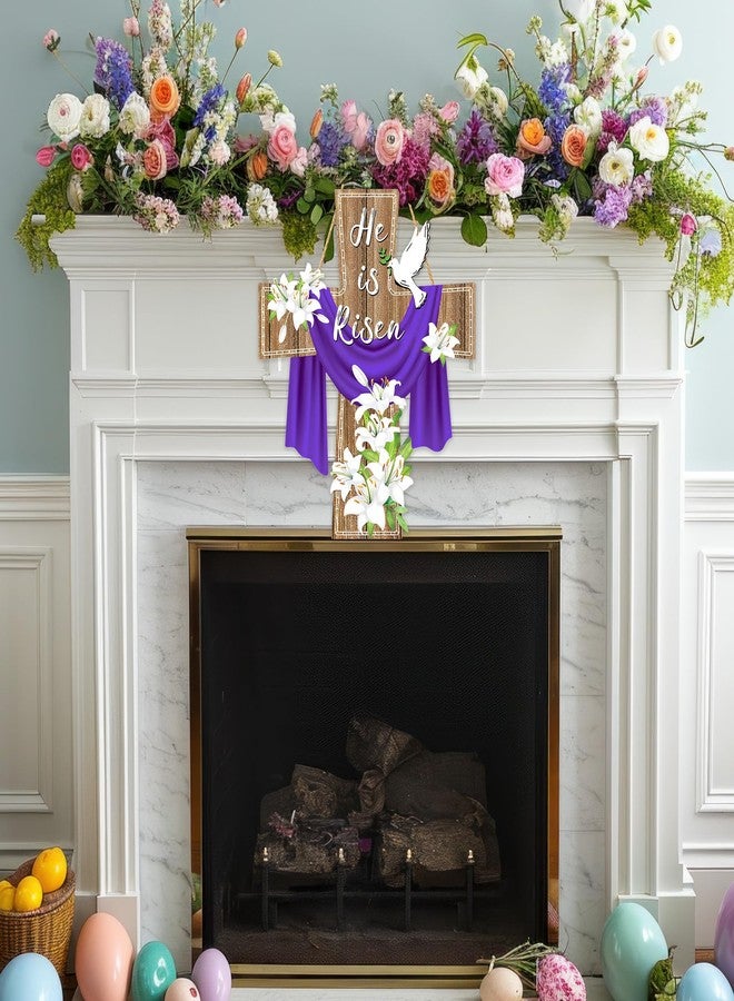 EUVBOKW He Is Risen Easter Decoration, Wooden Cross Sign with Lily Flowers Wreath for Front Door Porch Wall, Christian Spring Home Farmhouse Decor - Image 4
