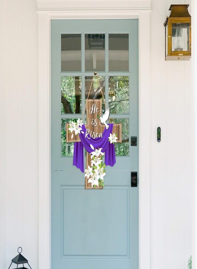 EUVBOKW He Is Risen Easter Decoration, Wooden Cross Sign with Lily Flowers Wreath for Front Door Porch Wall, Christian Spring Home Farmhouse Decor - Image 3