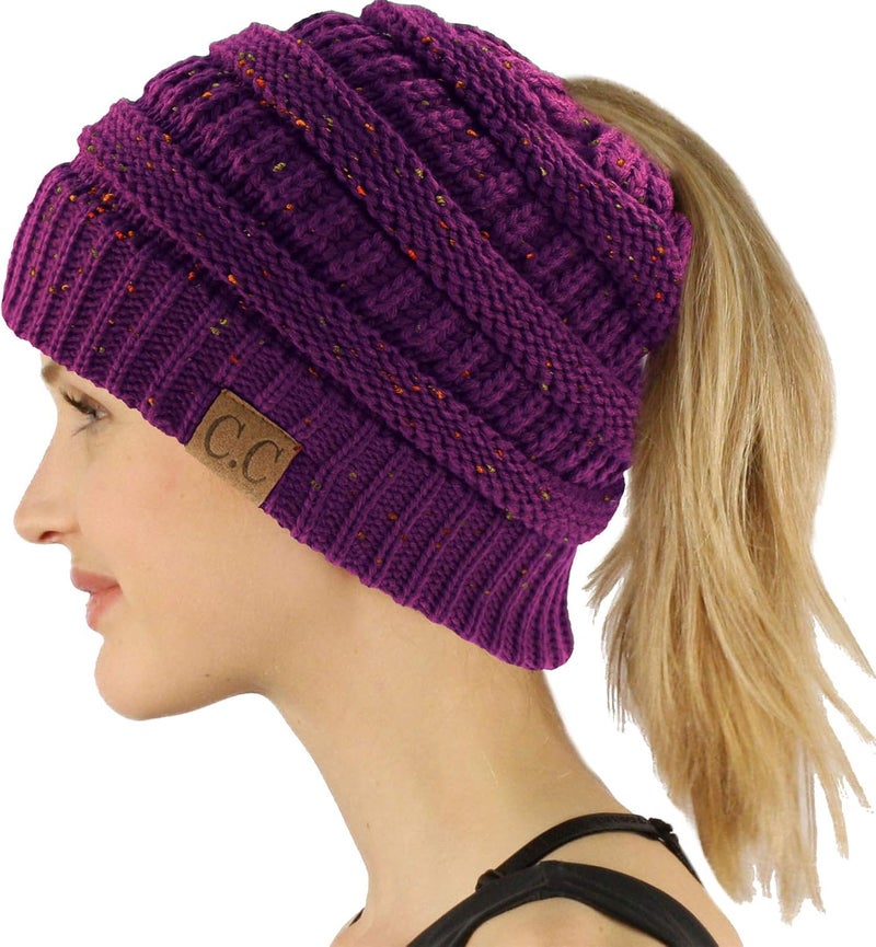 Exclusives Soft Stretch Cable Knit Messy Bun Ponytail Beanie Winter Hat for Women (MB-20A)