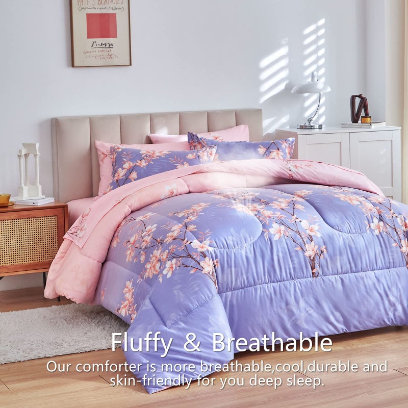 AIKASY Pink and Light Purple Twin Comforter Set with Sheets,Bed in a Bag 6-Pieces,Branches and Flowers Printing Design,Ultra Soft Down Alternative All Season Bedding Set(Twin,Blossom Stem) - Image 4