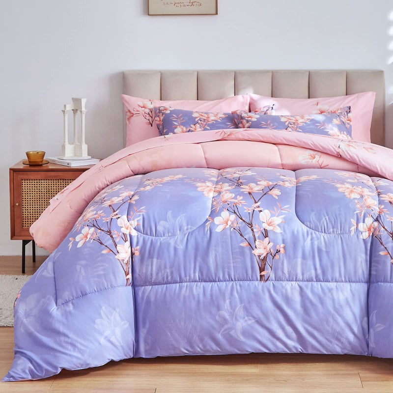 AIKASY Pink and Light Purple Twin Comforter Set with Sheets,Bed in a Bag 6-Pieces,Branches and Flowers Printing Design,Ultra Soft Down Alternative All Season Bedding Set(Twin,Blossom Stem) - Image 3