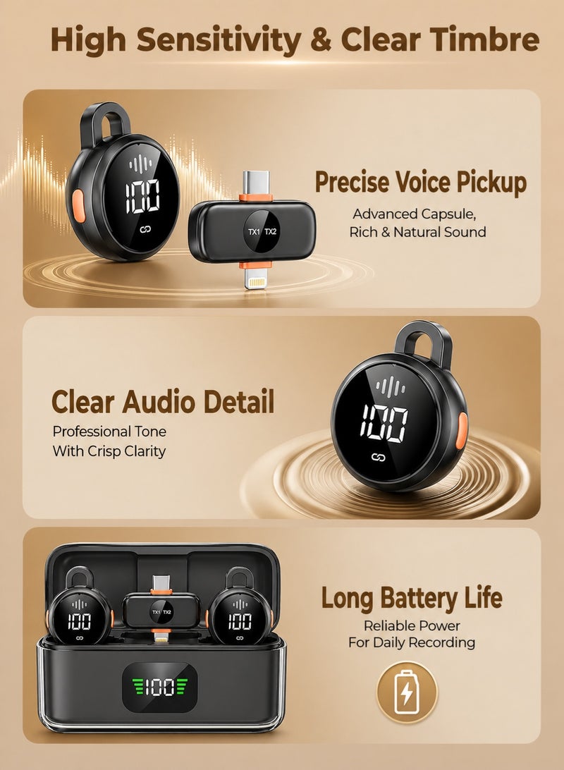 AFQIX Wireless Lavalier Microphone with Digital Display Charging Case, 2 TX + 1 RX USB C/Lightning Mini Lapel Mic for iPhone Android Phone, Noise Cancellation Wireless Microphone for Video Recording, Vlog, Interview, YouTube, TikTok Live Streaming - Image 4