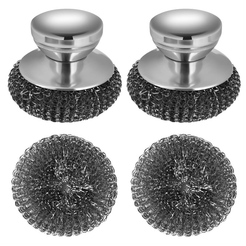 Onewly 2Pack Steel Wool Scrubber Set Stainless Steel Scrubber with Stainless Steel Handle for Cleaning Dishes Cast Iron Stock Pots Pans Griddles Grills