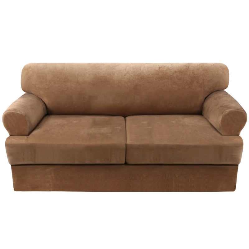 HVERSAILTEX Sofa Cover 3 Piece T Cushion Sofa Slipcovers Thick Velvet Couch Cover Furniture Protector Stretch T Cushion Sofa Covers for 2 Cushion Couch with 2 Individual T Cushion Covers Camel