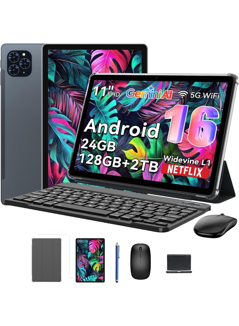 T90 جهاز لوحي 11 بوصة FHD بنظام Android 16، ذاكرة 24GB وسعة 128GB مع دعم بطاقة TF حتى 2TB، بطارية 8000mAh، Gemini AI، GPS، مع لوحة مفاتيح وقلم - Image 1