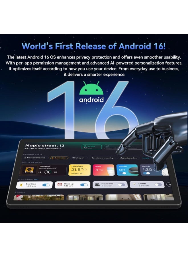 T90 جهاز لوحي 11 بوصة FHD بنظام Android 16، ذاكرة 24GB وسعة 128GB مع دعم بطاقة TF حتى 2TB، بطارية 8000mAh، Gemini AI، GPS، مع لوحة مفاتيح وقلم - Image 2
