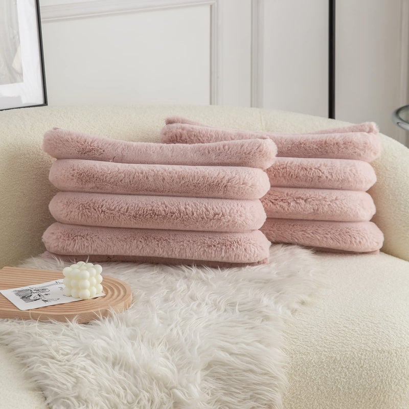 Neelvin Pink Faux Fur Cozy Soft Striped Decorative Throw Pillow Covers 12x20 inch Set of 2,Velvet Pillowcase Cushion Case for Sofa Couch - Image 1