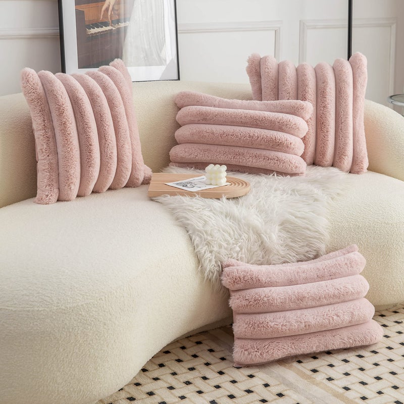 Neelvin Pink Faux Fur Cozy Soft Striped Decorative Throw Pillow Covers 12x20 inch Set of 2,Velvet Pillowcase Cushion Case for Sofa Couch - Image 4