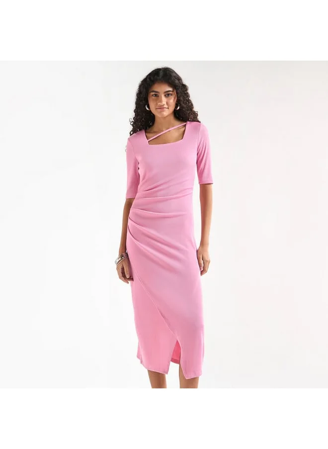 FAV Textured Bodycon Dress with Square Neck and Tulip Hemline