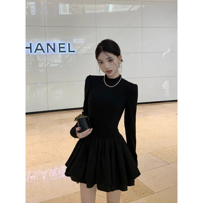 Vintage Padded Collar Long-Sleeve Wool Coat  Knit Dress Set Autumn Winter 2023 black skirt