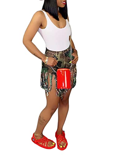 SIAEAMRG Jean Shorts for Women Juniors, Summer High Waisted Stretchy Frayed Raw Hem Tassels Tie-Dyed Denim Shorts (Camouflage Green, XL) - Image 2