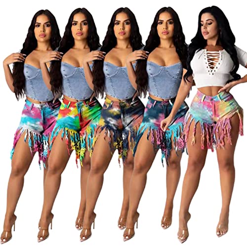 SIAEAMRG Jean Shorts for Women Juniors, Summer High Waisted Stretchy Frayed Raw Hem Tassels Tie-Dyed Denim Shorts (Camouflage Green, XL) - Image 4