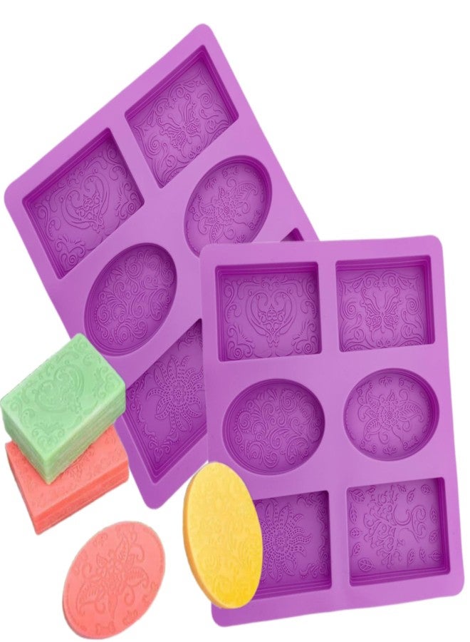 HTIAM 2 Pieces Embossing Flower Chocolate Moulds Soap DIY Mold Silicone Rectangle Oval Soap Molds Handmade Cake Candy Biscuit, Pudding Moulds Ice Cube Trays - Image 1