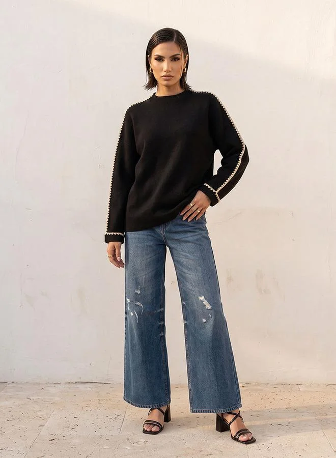 Splash FAV Smart Blanket Stitch Trim Crew Neck Sweater