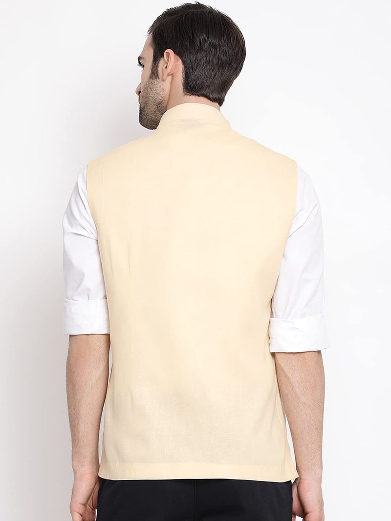 VASTRAMAY Mens Cotton Blend Cream Nehru Jacket - Timeless Style & Versatility | Classic Royal Pastal Ethnic Sleeveless Coat for Formal & Casual Wear_VASMJ049CR_38 - Image 5