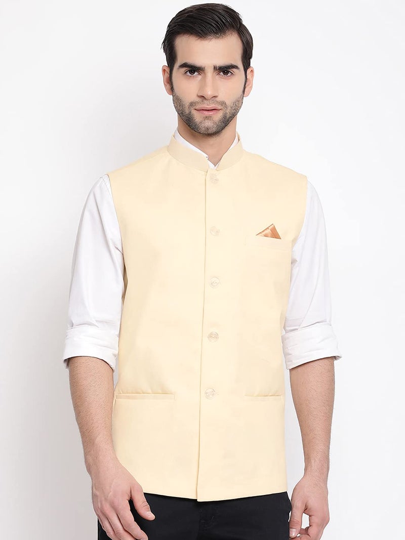 VASTRAMAY Mens Cotton Blend Cream Nehru Jacket - Timeless Style & Versatility | Classic Royal Pastal Ethnic Sleeveless Coat for Formal & Casual Wear_VASMJ049CR_38 - Image 2